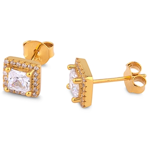 Silver Stud Earrings with White CZ Stones and Yellow Gold Plating