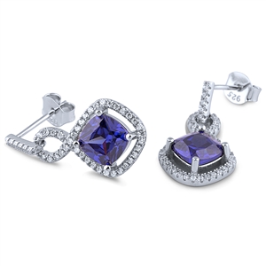 Silver Dangling Earrings with Tanzanite CZ in the Center and White CZ around