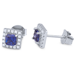 Silver Stud Earrings with Tanzanite CZ and White CZ