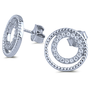 Sterling Silver Stud Double Circle Earrings with Claw Set White CZ