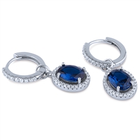 Sterling Silver Drop Earrings with Claw Set Oval Sapphire Blue CZ Accented with White CZ