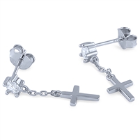 Sterling Silver Cross Earrings with Solitaire Claw Set Cubic Zirconia