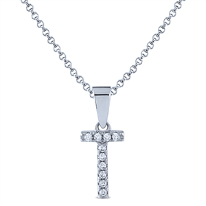 Sterling Silver Initial Necklace with Cubic Zirconia - Letter T