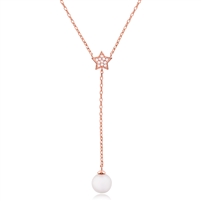 Silver Necklace Rose Gold Plated with Fresh Water Pearl and CZ - Length 16" + 1''