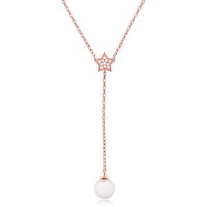 Silver Necklace Rose Gold Plated with Fresh Water Pearl and CZ - Length 16" + 1''