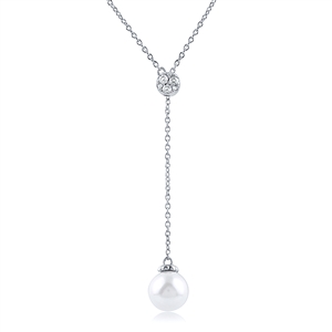 Silver Lariat Necklace With Faux Pearl And CZ