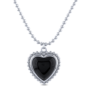 Plain Silver Heart Necklace with Black Onyx and Bead Chain