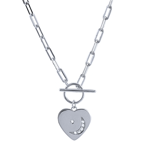 Sterling Silver Heart on Link Necklace with Toggle Clasp and CZ