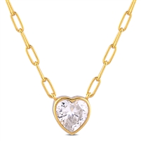 Silver Heart Necklace with Paper Clip Chain, Gold Plating and White CZ Stones
