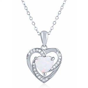 Silver Heart Necklace with Synthetic Opal and CZ Stones