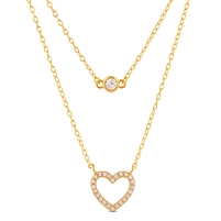 Yellow Gold Plated Sterling Silver Double Necklace with Heart and Solitaire Cubic Zirconia