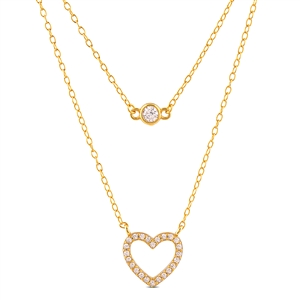 Yellow Gold Plated Sterling Silver Double Necklace with Heart and Solitaire Cubic Zirconia