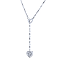 Sterling Silver Lariat Necklace with Double Hearts and Pave Set Cubic Zirconia