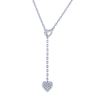 Sterling Silver Lariat Necklace with Double Hearts and Pave Set Cubic Zirconia