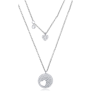 Silver Double Layers Heart Necklace with CZ