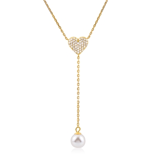 Silver Drop Faux Pearl Gold Plated Necklace with Heart CZ - 16" + 2" Length