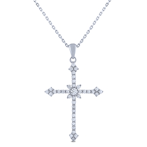 Sterling Silver Cross Pendant with Cubic Zirconia on Necklace