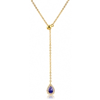Silver Lariat Gold Plated Necklace with Drop Pear Shape Blue CZ Stone