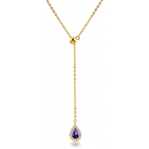 Silver Lariat Gold Plated Necklace with Drop Pear Shape Blue CZ Stone