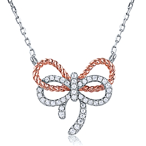 Silver Double Bow Rose Gold Plated Necklace with CZ