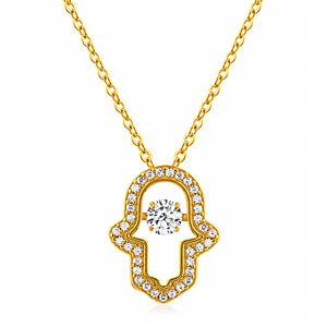 Silver Hamsa-CZ Dancing Necklace with Yellow Gold Plated