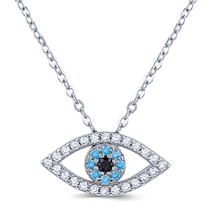 Silver Evil Eye Necklace with White and Blue CZ Stones