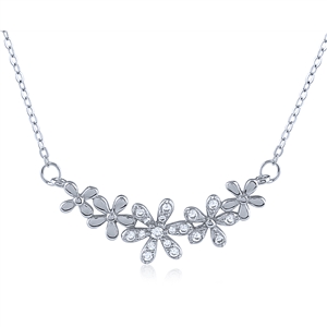Silver Flowers Necklace with White CZ Stones