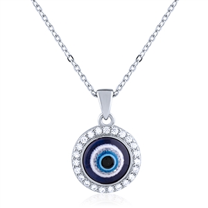 Silver Evil Eye Necklace with White CZ Stones