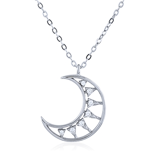 Silver Moon Necklace with White CZ Stones