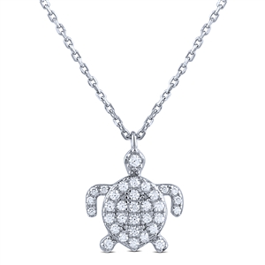 Silver Turtle Necklace with White CZ Stones