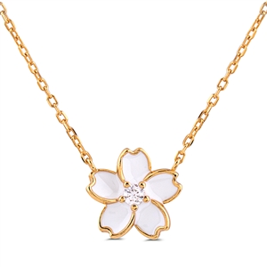 Silver Flower Necklace with White Enamel and White CZ Stones