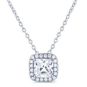 Silver Halo Necklace with White Princess Cut CZ Stones