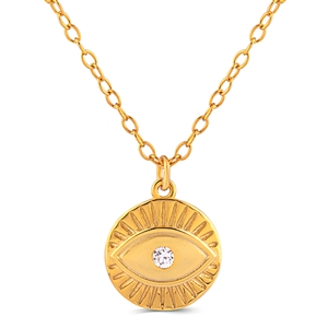 Silver Evil Eye Necklace with White CZ Stones and Yellow Gold Plating