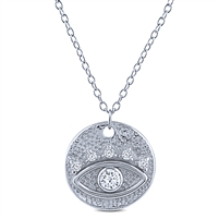 Sterling Silver Evil Eye Round Disc on Necklace with White CZ