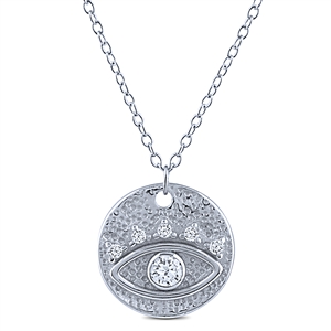 Sterling Silver Evil Eye Round Disc on Necklace with White CZ