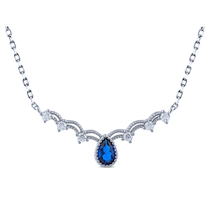 Sterling Silver Art Deco Necklace with a Sapphire Blue Center Pear Shaped CZ and White CZs