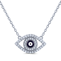 Silver Evil Eye Silver Necklace with White and Blue CZ