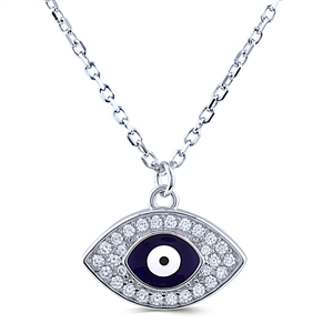 Sterling Silver Evil Eye Necklace with Blue Enamel and Pave Set CZ