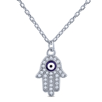 Sterling Silver Hamsa Hand with Blue and White Enamel and Pave Set CZ