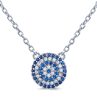 Sterling Silver Round Evil Eye Necklace with Blue and White Pave Set CZ