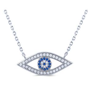 Sterling Silver Evil Eye Necklace with White and Blue Cubic Zirconia