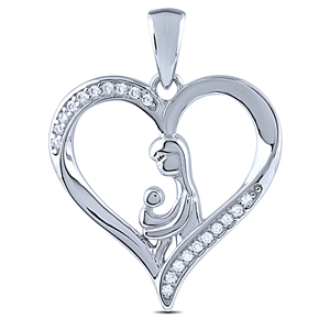 Sterling Silver Mother and Child Heart Pendant with White CZ Stones