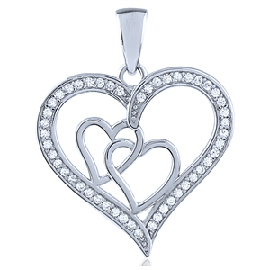 Sterling Silver Pendant with Double Hearts and White CZ