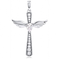 Silver Cross Pendant With Wings and CZ