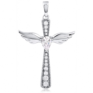 Silver Cross Pendant With Wings and CZ