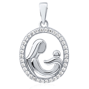 Silver Pendant Mother And Child With CZ