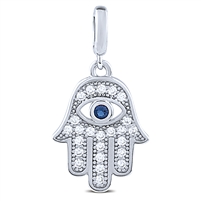 Sterling Silver Hamsa Hand Pendant with Blue and White CZ