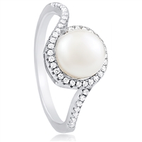 Silver  Fresh Water Pearl Ring with CZ