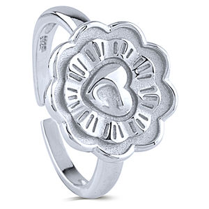 Sterling Silver Heart and Flower Design Adjustable Ring with Rhodium Plating