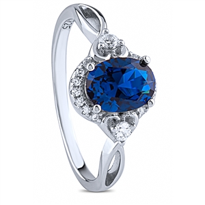 Silver Ring with Blue Sapphire Center CZ Stone and White CZ Around